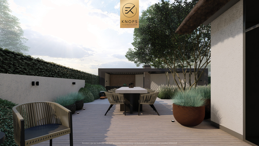 Moderne rustige tuin, kalm tuinontwerp, clean garden design, minimalistische tuin, luxe overkapping, poolhouse, strak tuinontwerp, exclusieve tuin