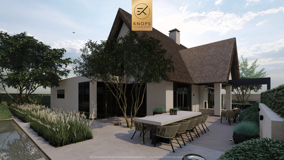 Moderne rustige tuin, kalm tuinontwerp, clean garden design, minimalistische tuin, luxe overkapping, poolhouse, strak tuinontwerp, exclusieve tuin