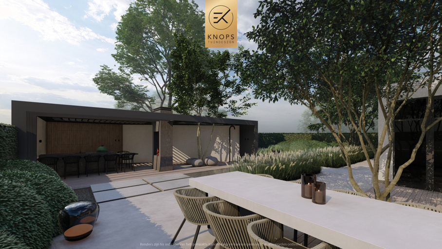 Moderne rustige tuin, kalm tuinontwerp, clean garden design, minimalistische tuin, luxe overkapping, poolhouse, strak tuinontwerp, exclusieve tuin