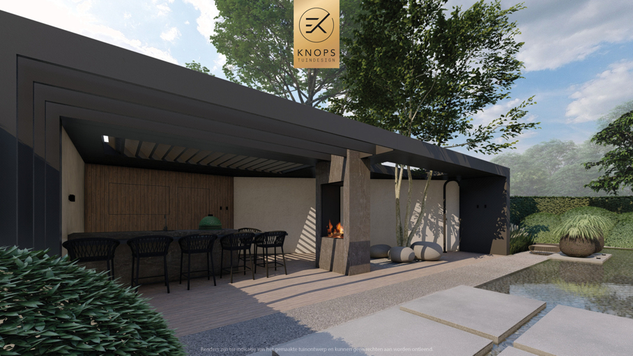 Moderne rustige tuin, kalm tuinontwerp, clean garden design, minimalistische tuin, luxe overkapping, poolhouse, strak tuinontwerp, exclusieve tuin