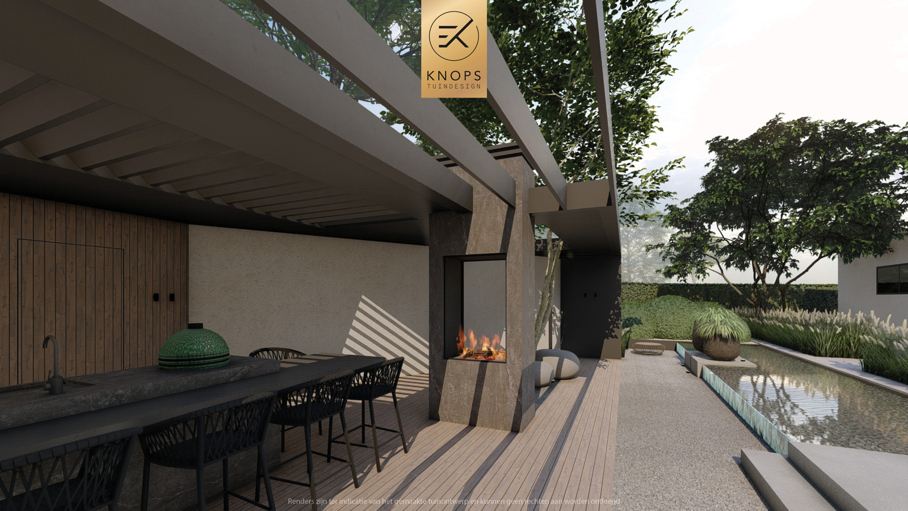 Moderne rustige tuin, kalm tuinontwerp, clean garden design, minimalistische tuin, luxe overkapping, poolhouse, strak tuinontwerp, exclusieve tuin