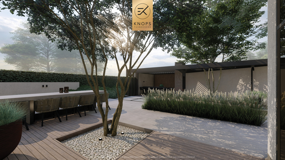 Moderne rustige tuin, kalm tuinontwerp, clean garden design, minimalistische tuin, luxe overkapping, poolhouse, strak tuinontwerp, exclusieve tuin