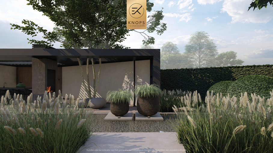 Moderne rustige tuin, kalm tuinontwerp, clean garden design, minimalistische tuin, luxe overkapping, poolhouse, strak tuinontwerp, exclusieve tuin