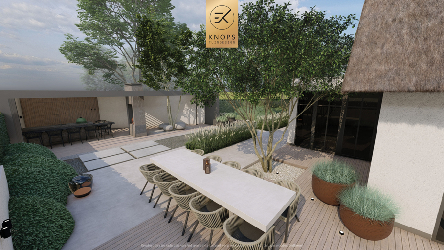 Moderne rustige tuin, kalm tuinontwerp, clean garden design, minimalistische tuin, luxe overkapping, poolhouse, strak tuinontwerp, exclusieve tuin