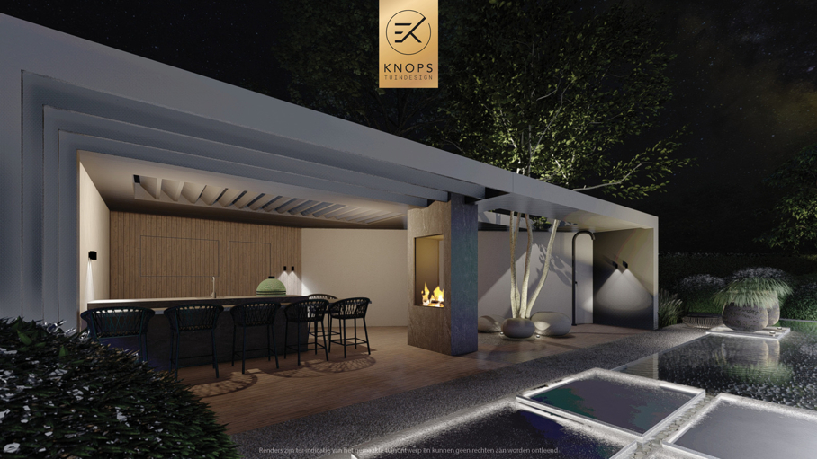 Moderne rustige tuin, kalm tuinontwerp, clean garden design, minimalistische tuin, luxe overkapping, poolhouse, strak tuinontwerp, exclusieve tuin