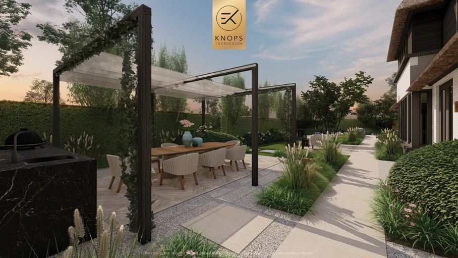 exclusief tuinontwerp, moderne tuin met gouden sfeer, luxe tuin, moderne tuin, tuin met zwembad, buitenkeuken, jacuzzi, whirlpool