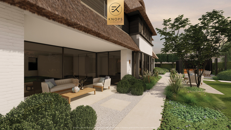 exclusief tuinontwerp, moderne tuin met gouden sfeer, luxe tuin, moderne tuin, tuin met zwembad, buitenkeuken, jacuzzi, whirlpool