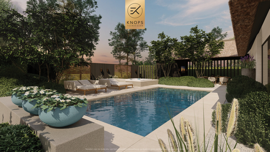 exclusief tuinontwerp, moderne tuin met gouden sfeer, luxe tuin, moderne tuin, tuin met zwembad, buitenkeuken, jacuzzi, whirlpool