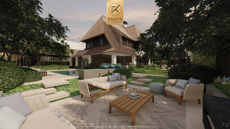 exclusief tuinontwerp, moderne tuin met gouden sfeer, luxe tuin, moderne tuin, tuin met zwembad, buitenkeuken, jacuzzi, whirlpool