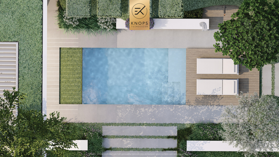 moderne villatuin met zwembad, luxe tuin, strak tuinontwerp, italiaanse tuin, mediterrane tuin, pizzaoven, buitenkeuken, pergola met blauwe regen, zonnebedden