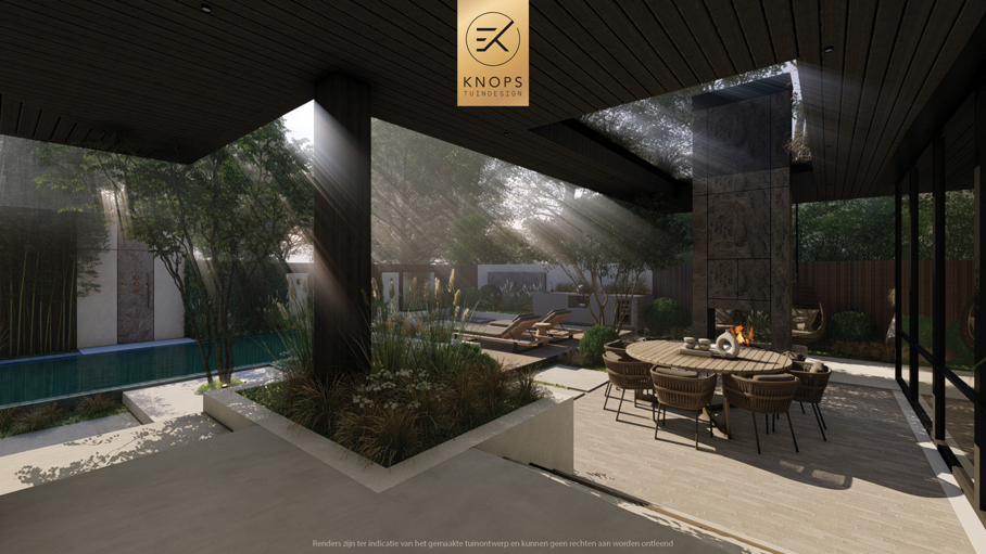 Unieke architectuur, tuin met zwembad, zwembad met waterval, zitkuil met vuur, bar aan het zwembad, groene tuin