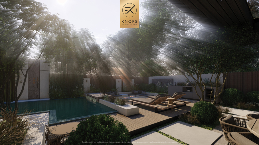 Unieke architectuur, tuin met zwembad, zwembad met waterval, zitkuil met vuur, bar aan het zwembad, groene tuin