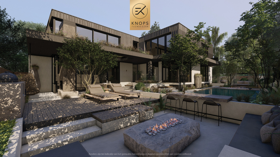 Unieke architectuur, tuin met zwembad, zwembad met waterval, zitkuil met vuur, bar aan het zwembad, groene tuin
