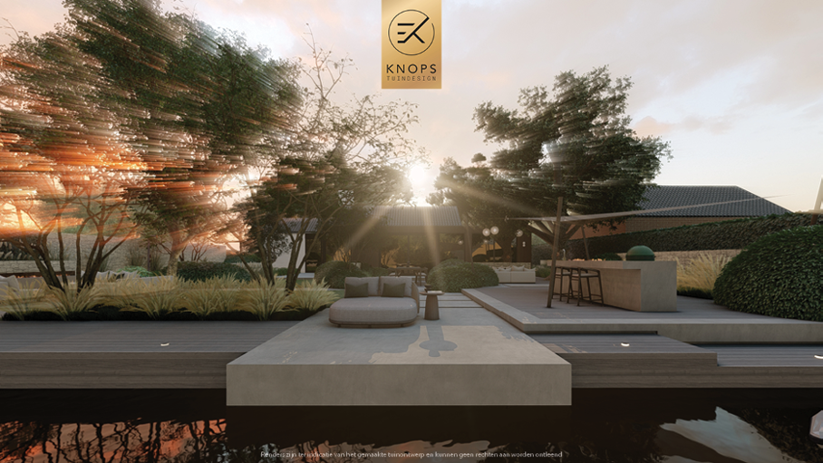 Unieke architectuur, tuin aan het water, vakantie tuin, groene tuin, oprit, vuur, moderne architectuur