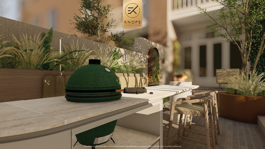 Unieke architectuur, groene tuin, tuin met buitenkeuken, buitenhaard, tuin met hoogtes