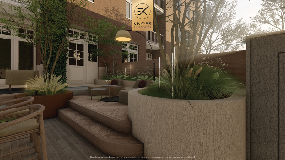 Unieke architectuur, groene tuin, tuin met buitenkeuken, buitenhaard, tuin met hoogtes