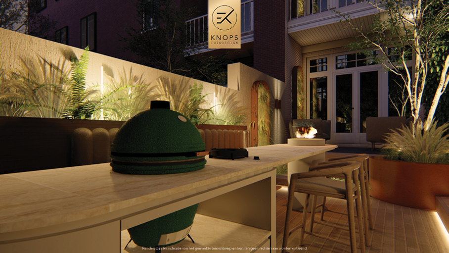 Unieke architectuur, groene tuin, tuin met buitenkeuken, buitenhaard, tuin met hoogtes