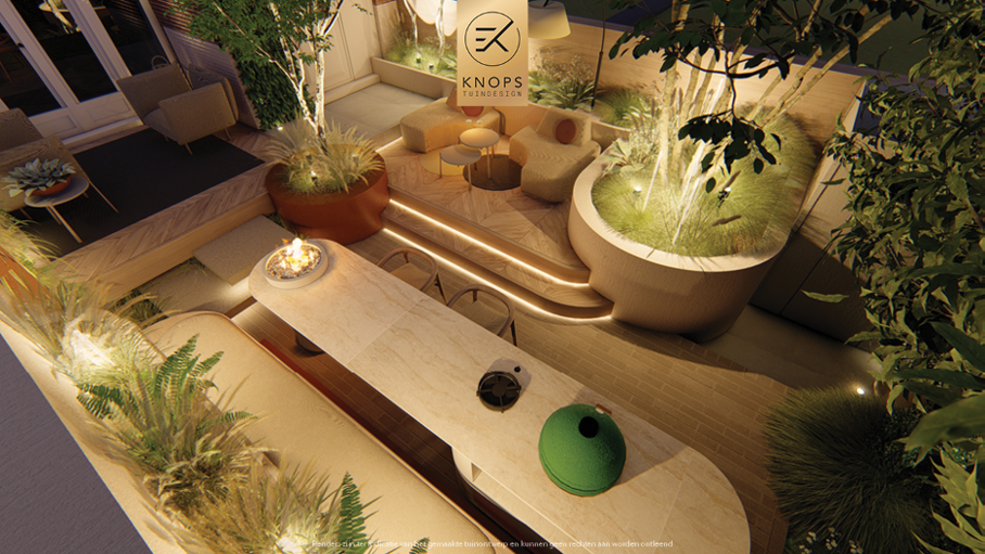Unieke architectuur, groene tuin, tuin met buitenkeuken, buitenhaard, tuin met hoogtes