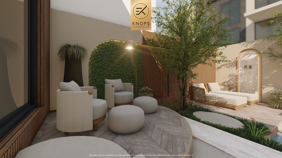 Unieke tuinarchitectuur met ronde vormen, plungepool, verlichting, meerstammige bomen, groene tuin, dakterras, jacuzzi, buitenkeuken met bar, vuurelement