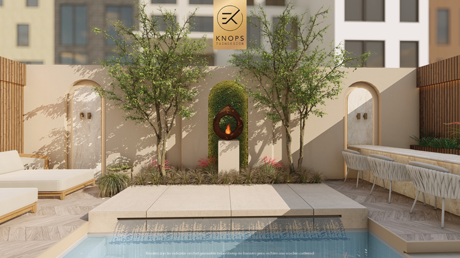 Unieke tuinarchitectuur met ronde vormen, plungepool, verlichting, meerstammige bomen, groene tuin, dakterras, jacuzzi, buitenkeuken met bar, vuurelement