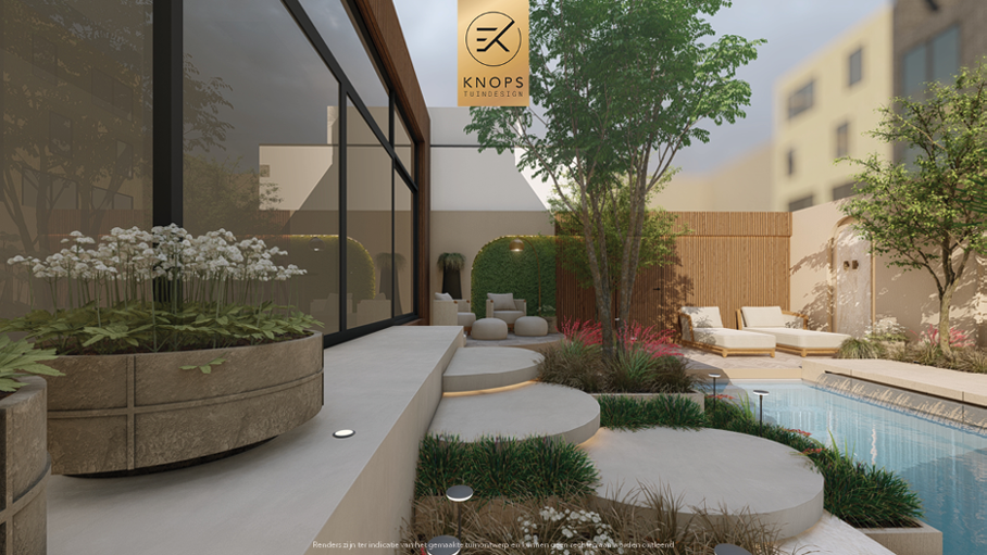Unieke tuinarchitectuur met ronde vormen, plungepool, verlichting, meerstammige bomen, groene tuin, dakterras, jacuzzi, buitenkeuken met bar, vuurelement