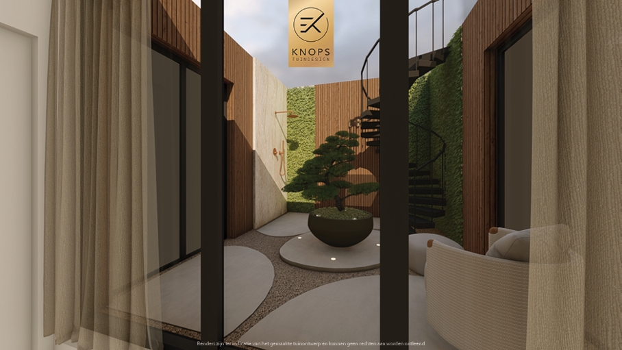 Unieke tuinarchitectuur met ronde vormen, plungepool, verlichting, meerstammige bomen, groene tuin, dakterras, jacuzzi, buitenkeuken met bar, vuurelement