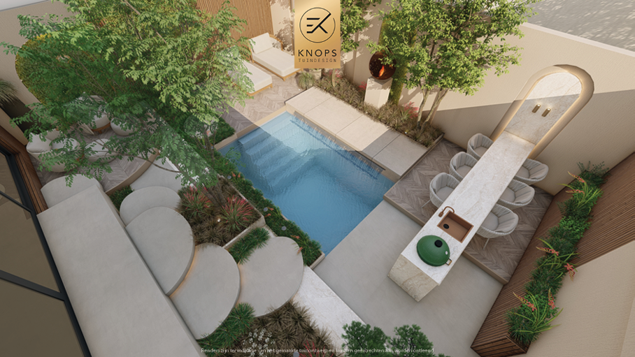 Unieke tuinarchitectuur met ronde vormen, plungepool, verlichting, meerstammige bomen, groene tuin, dakterras, jacuzzi, buitenkeuken met bar, vuurelement