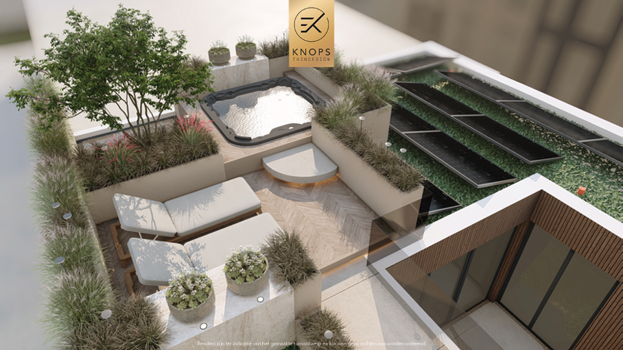 Unieke tuinarchitectuur met ronde vormen, plungepool, verlichting, meerstammige bomen, groene tuin, dakterras, jacuzzi, buitenkeuken met bar, vuurelement