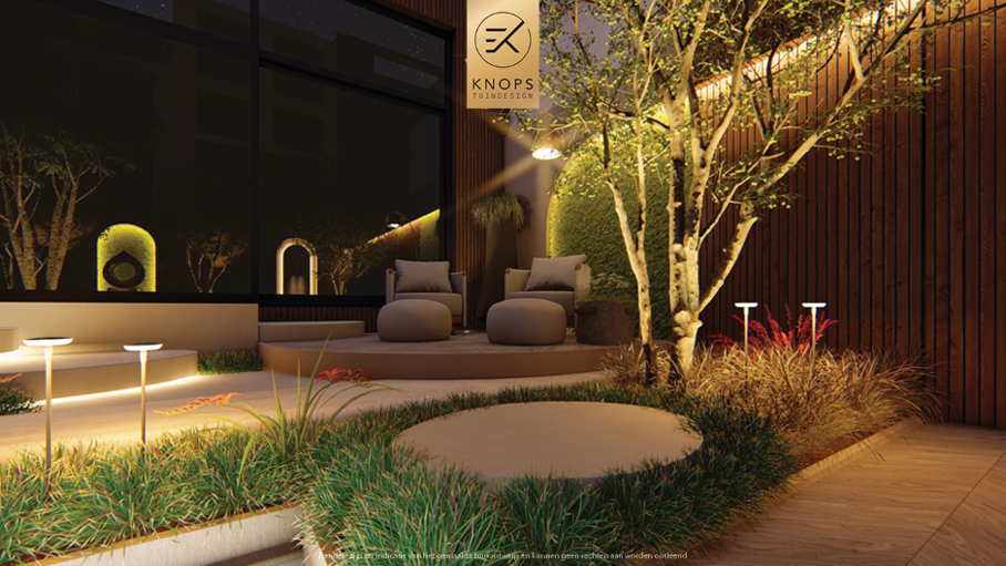 Unieke tuinarchitectuur met ronde vormen, plungepool, verlichting, meerstammige bomen, groene tuin, dakterras, jacuzzi, buitenkeuken met bar, vuurelement