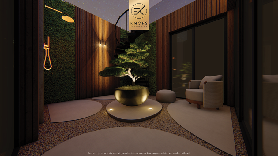 Unieke tuinarchitectuur met ronde vormen, plungepool, verlichting, meerstammige bomen, groene tuin, dakterras, jacuzzi, buitenkeuken met bar, vuurelement