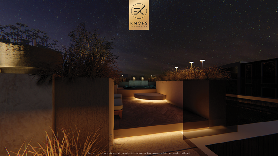 Unieke tuinarchitectuur met ronde vormen, plungepool, verlichting, meerstammige bomen, groene tuin, dakterras, jacuzzi, buitenkeuken met bar, vuurelement