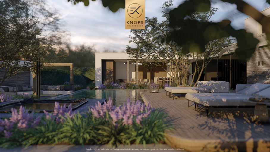 Unieke architectuur, moderne architectuur, tuin met zwembad, overloop zwembad, jacuzzi, meerstammige bomen, tuin met verlichting, overkapping, buitenkeuken, buitenhaard
