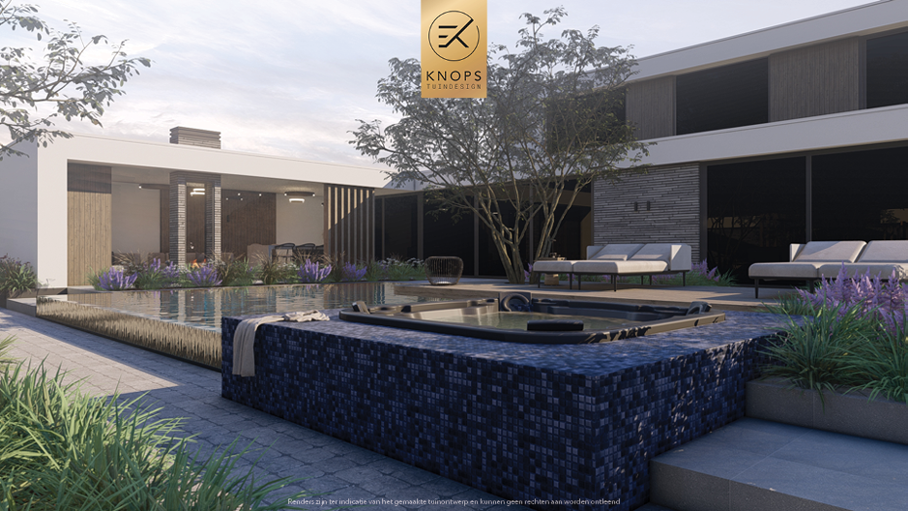 Unieke architectuur, moderne architectuur, tuin met zwembad, overloop zwembad, jacuzzi, meerstammige bomen, tuin met verlichting, overkapping, buitenkeuken, buitenhaard