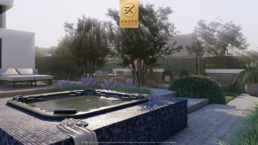 Unieke architectuur, moderne architectuur, tuin met zwembad, overloop zwembad, jacuzzi, meerstammige bomen, tuin met verlichting, overkapping, buitenkeuken, buitenhaard