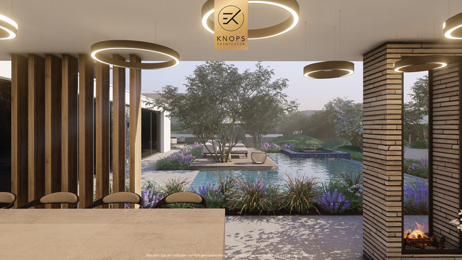 Unieke architectuur, moderne architectuur, tuin met zwembad, overloop zwembad, jacuzzi, meerstammige bomen, tuin met verlichting, overkapping, buitenkeuken, buitenhaard