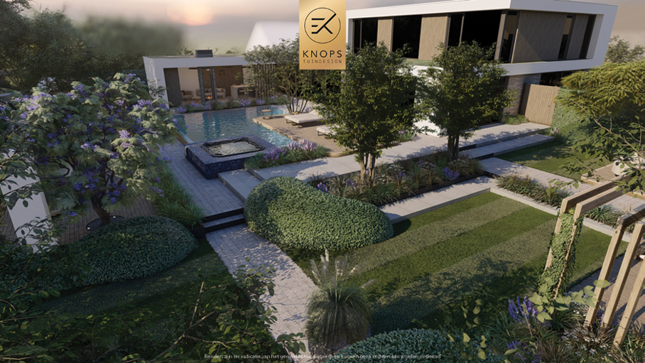 Unieke architectuur, moderne architectuur, tuin met zwembad, overloop zwembad, jacuzzi, meerstammige bomen, tuin met verlichting, overkapping, buitenkeuken, buitenhaard