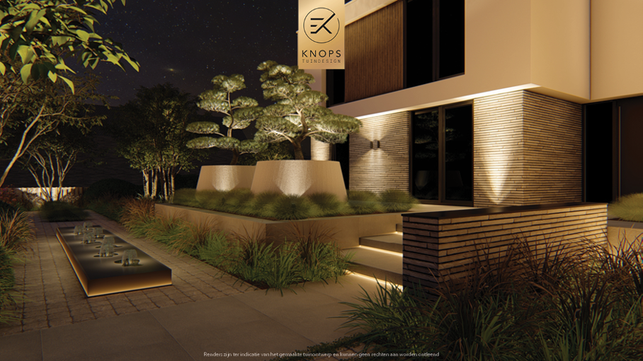 Unieke architectuur, moderne architectuur, tuin met zwembad, overloop zwembad, jacuzzi, meerstammige bomen, tuin met verlichting, overkapping, buitenkeuken, buitenhaard