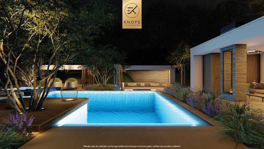 Unieke architectuur, moderne architectuur, tuin met zwembad, overloop zwembad, jacuzzi, meerstammige bomen, tuin met verlichting, overkapping, buitenkeuken, buitenhaard