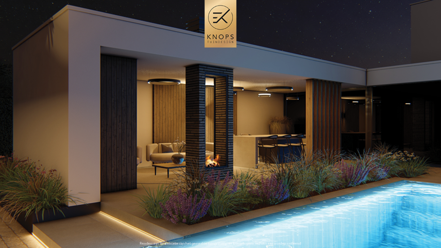 Unieke architectuur, moderne architectuur, tuin met zwembad, overloop zwembad, jacuzzi, meerstammige bomen, tuin met verlichting, overkapping, buitenkeuken, buitenhaard