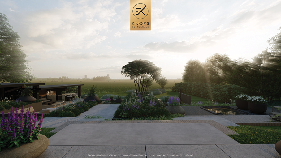 Unieke architectuur met hoogtes, tuin met hoogtes, tuin met zwembad, zitkuil met vuur, poolhouse met buitenkeuken, groene tuin, verlichting, jacuzzi