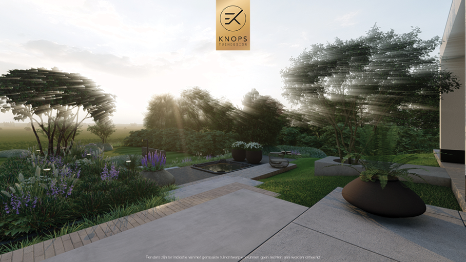 Unieke architectuur met hoogtes, tuin met hoogtes, tuin met zwembad, zitkuil met vuur, poolhouse met buitenkeuken, groene tuin, verlichting, jacuzzi