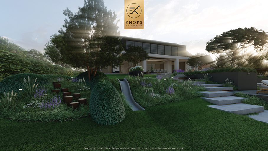 Unieke architectuur met hoogtes, tuin met hoogtes, tuin met zwembad, zitkuil met vuur, poolhouse met buitenkeuken, groene tuin, verlichting, jacuzzi
