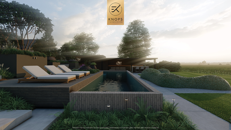 Unieke architectuur met hoogtes, tuin met hoogtes, tuin met zwembad, zitkuil met vuur, poolhouse met buitenkeuken, groene tuin, verlichting, jacuzzi