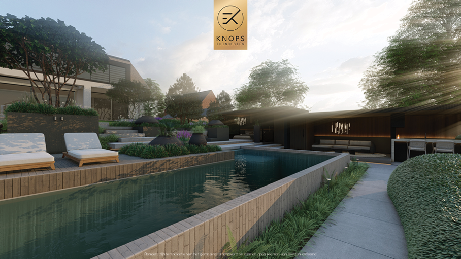 Unieke architectuur met hoogtes, tuin met hoogtes, tuin met zwembad, zitkuil met vuur, poolhouse met buitenkeuken, groene tuin, verlichting, jacuzzi