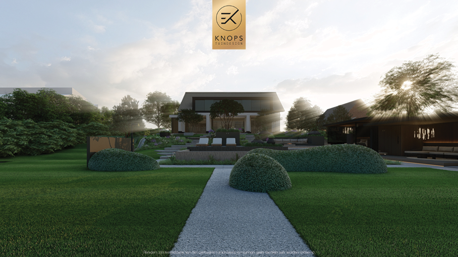 Unieke architectuur met hoogtes, tuin met hoogtes, tuin met zwembad, zitkuil met vuur, poolhouse met buitenkeuken, groene tuin, verlichting, jacuzzi
