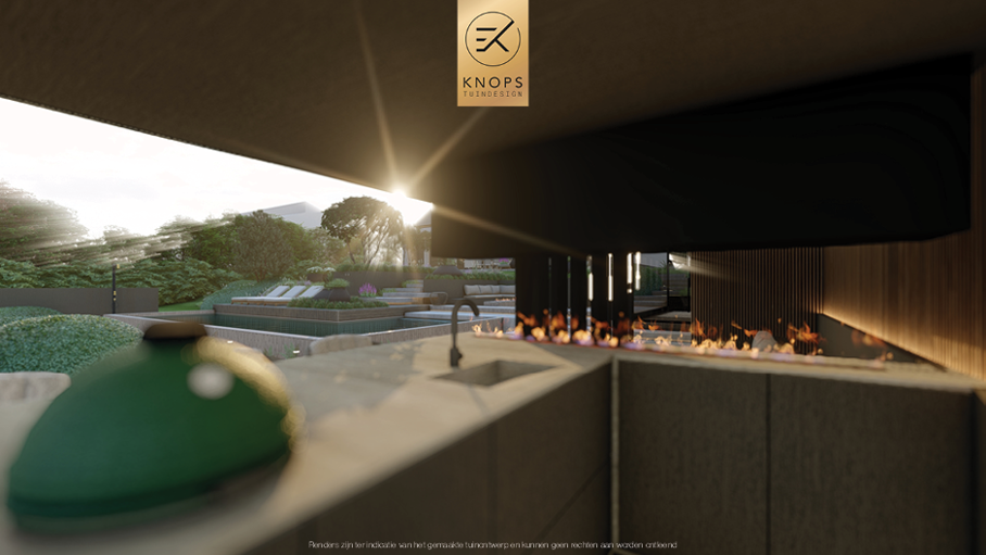 Unieke architectuur met hoogtes, tuin met hoogtes, tuin met zwembad, zitkuil met vuur, poolhouse met buitenkeuken, groene tuin, verlichting, jacuzzi