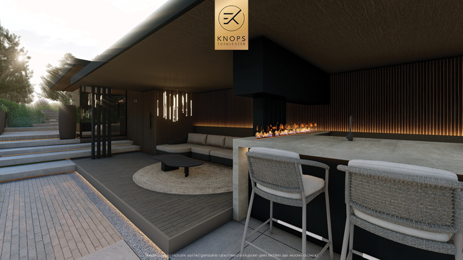 Unieke architectuur met hoogtes, tuin met hoogtes, tuin met zwembad, zitkuil met vuur, poolhouse met buitenkeuken, groene tuin, verlichting, jacuzzi