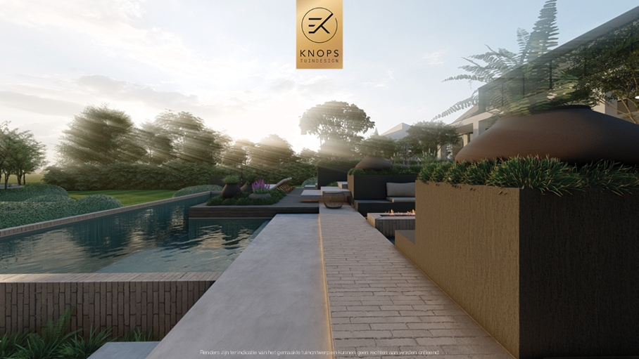 Unieke architectuur met hoogtes, tuin met hoogtes, tuin met zwembad, zitkuil met vuur, poolhouse met buitenkeuken, groene tuin, verlichting, jacuzzi