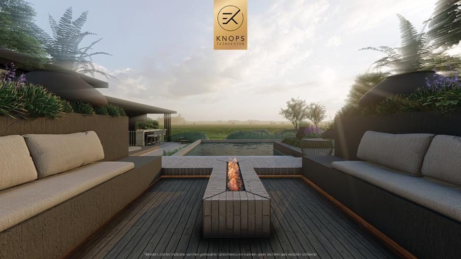 Unieke architectuur met hoogtes, tuin met hoogtes, tuin met zwembad, zitkuil met vuur, poolhouse met buitenkeuken, groene tuin, verlichting, jacuzzi