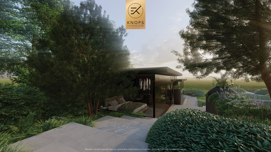 Unieke architectuur met hoogtes, tuin met hoogtes, tuin met zwembad, zitkuil met vuur, poolhouse met buitenkeuken, groene tuin, verlichting, jacuzzi